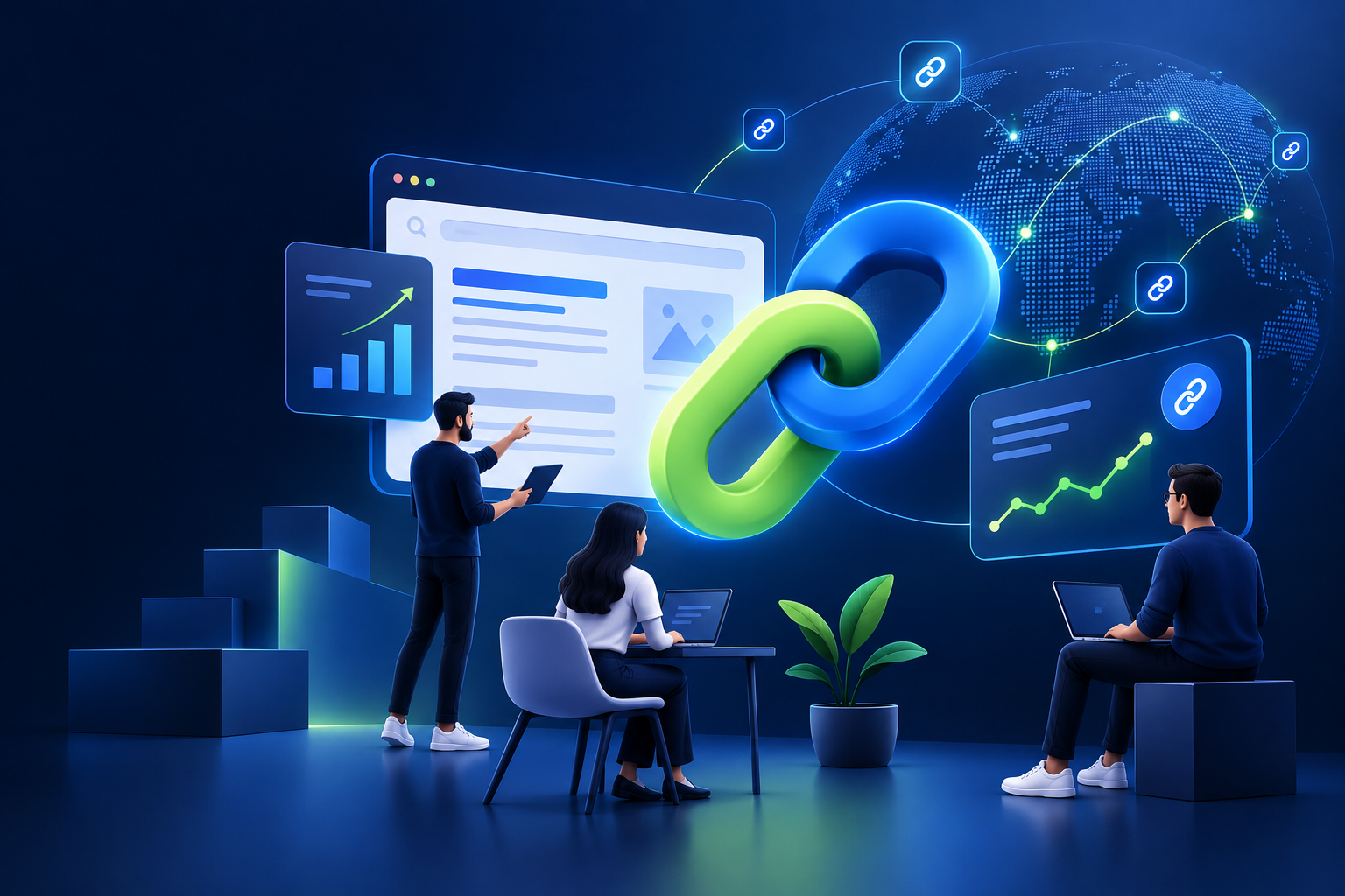 TrueLinkHQ digital link building dashboard and team illustration